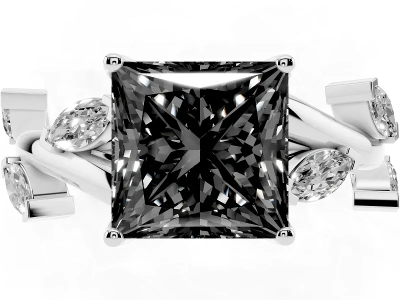 Princess Cut Twisted Vine Engagement Ring Setting for a Black Center | Marquise Leaves | White Gold