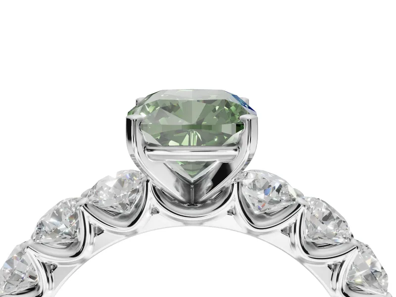 Cushion Cut Side Stone Engagement Ring Setting for a Fancy Green Lab-Grown Diamond | Scalloped Prong Accents | Platinum
