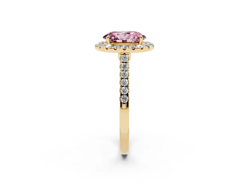 Oval Halo Engagement Ring Setting for a Fancy Pink Lab-Grown Diamond | Pave Shoulders | Yellow Gold