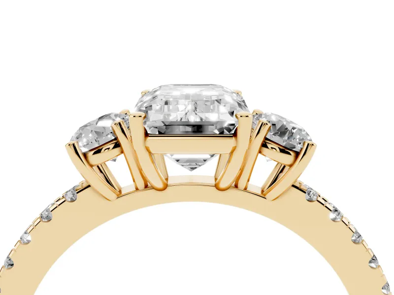 Emerald Cut Three Stone Engagement Ring Setting | Pave Shoulders | Yellow Gold