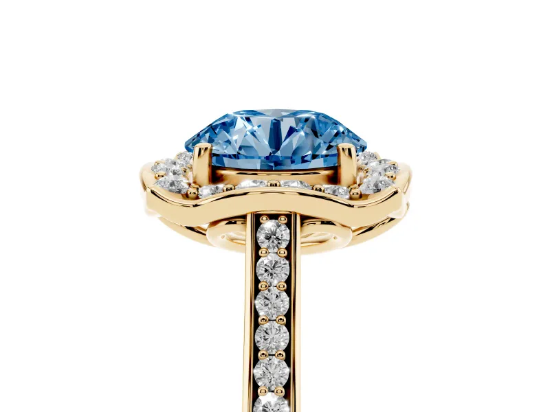 Round Halo Engagement Ring Setting for a Fancy Blue Lab-Grown Diamond | Petal Tips | Yellow Gold