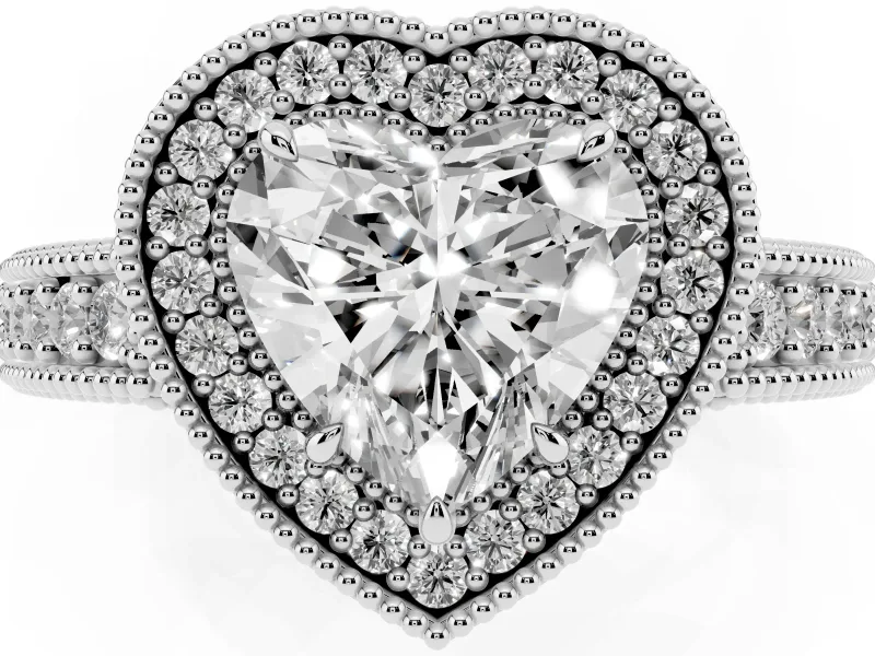 Heart-Shaped Vintage Milgrain Halo Engagement Ring Setting | Carved Leaf Detail | Platinum