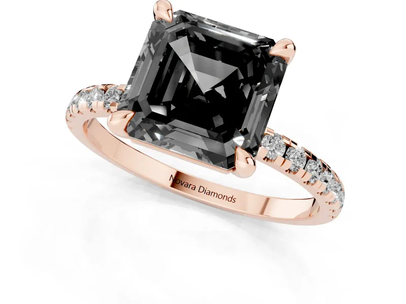 Fancy Black Asscher Cut Diamond Brilliant Solitaire Ring Set in Rose gold with Pavé Band and Prong Setting