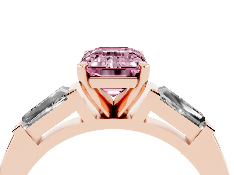 Emerald Cut Three Stone Engagement Ring Setting for a Fancy Pink Lab-Grown Diamond | Tapered Baguettes | Rose Gold