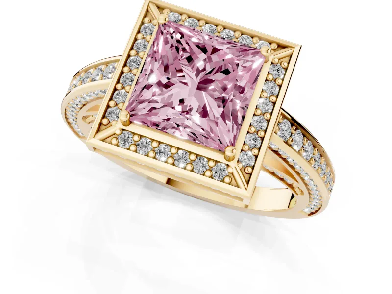 Fancy Pink Princess Cut Diamond Halo Pavé Split Shank Ring Set in Yellow gold with Prong Setting