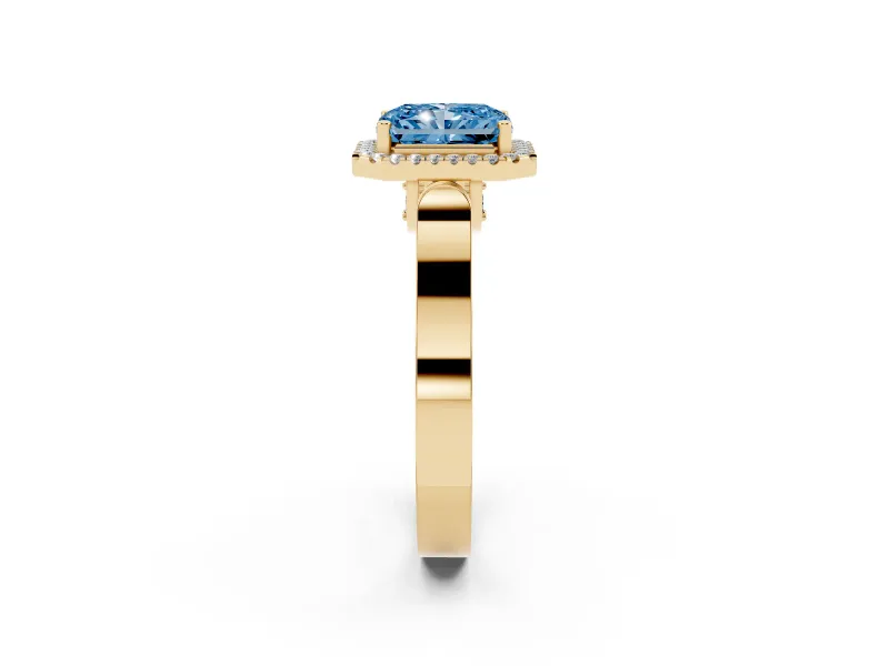 Radiant Cut Halo Engagement Ring Setting for a Fancy Blue Lab-Grown Diamond | Pavé Panel Shoulders | Yellow Gold
