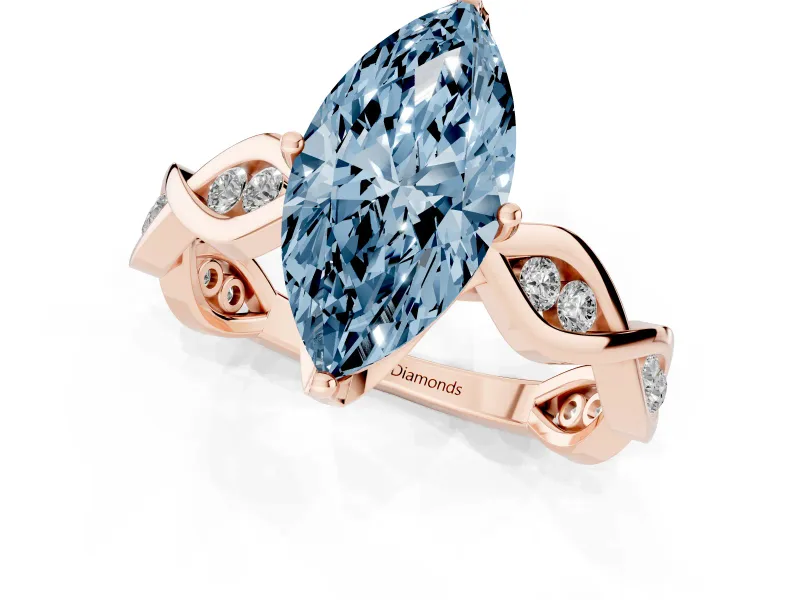 Fancy Blue Marquise Cut Diamond Twist Band Solitaire Ring Set in Rose gold with Leaf Prong Setting and Accent Stones