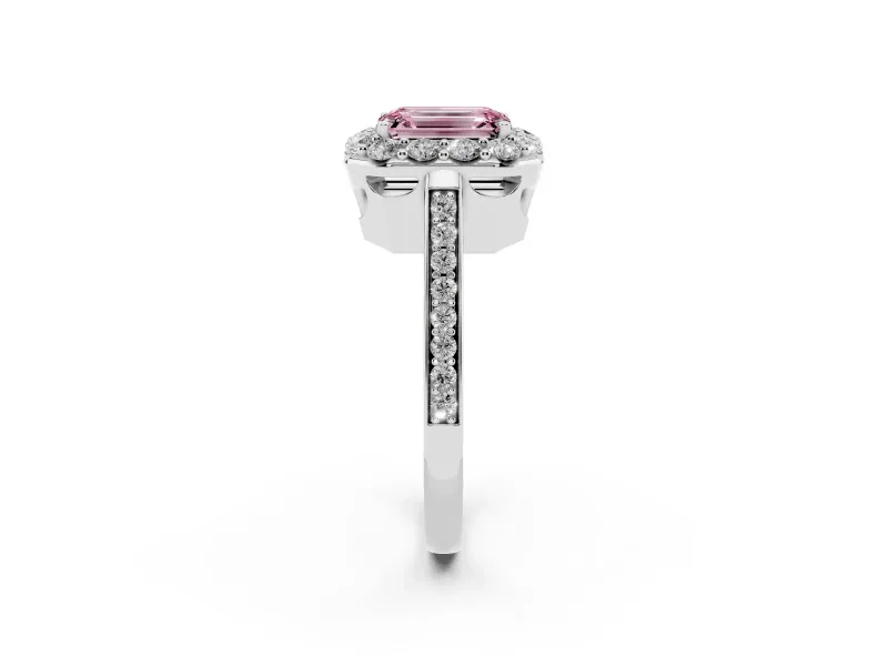Fancy Pink Emerald Cut Diamond Floral Halo Ring Set in Platinum with Pavé Band and Prong Setting
