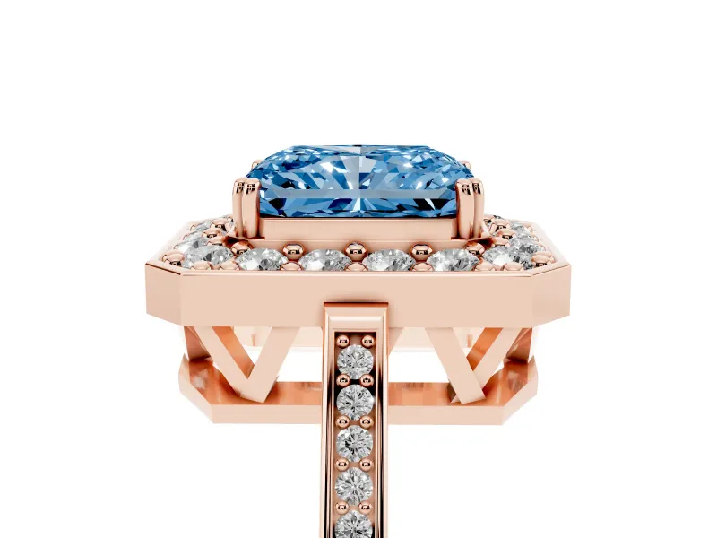 Radiant Cut Halo Engagement Ring Setting for a Fancy Blue Lab-Grown Diamond | Polished Halo Rim | Rose Gold