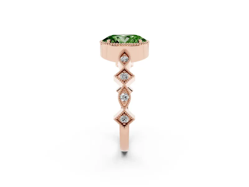 Fancy Green Oval Cut Diamond Milgrain Marquise Twist Band Ring Set in Rose gold with Prong Setting