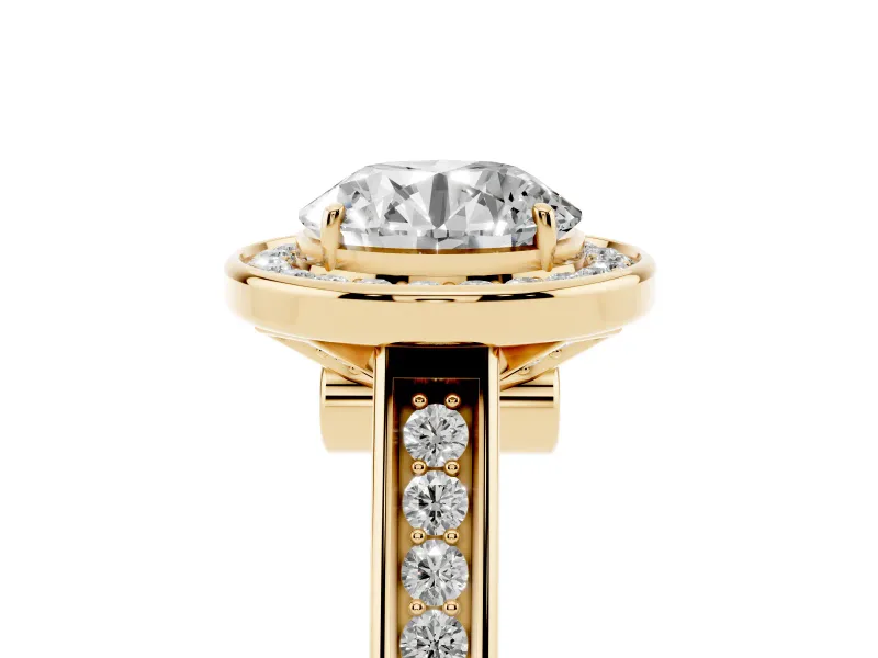 Round Cut Diamond Halo Solitaire Ring Set in Yellow gold with Pavé Band and Bezel Setting