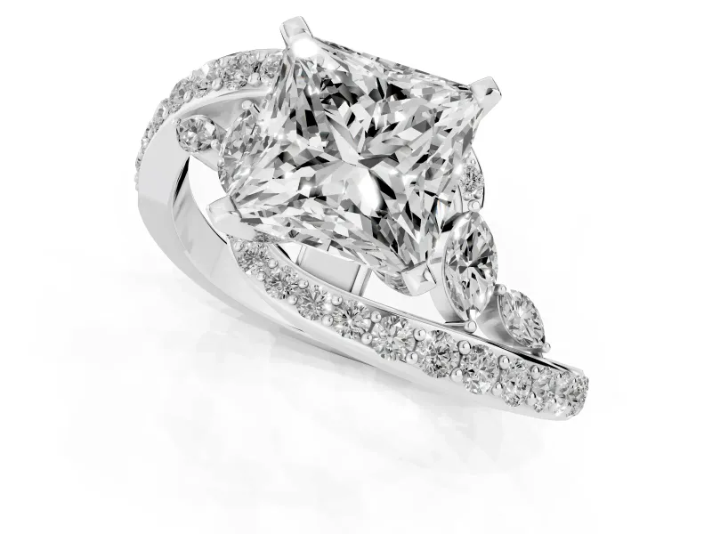 Princess Cut Diamond Solitaire Ring Set in Platinum with Pavé Twist Band and Secure Prong Setting