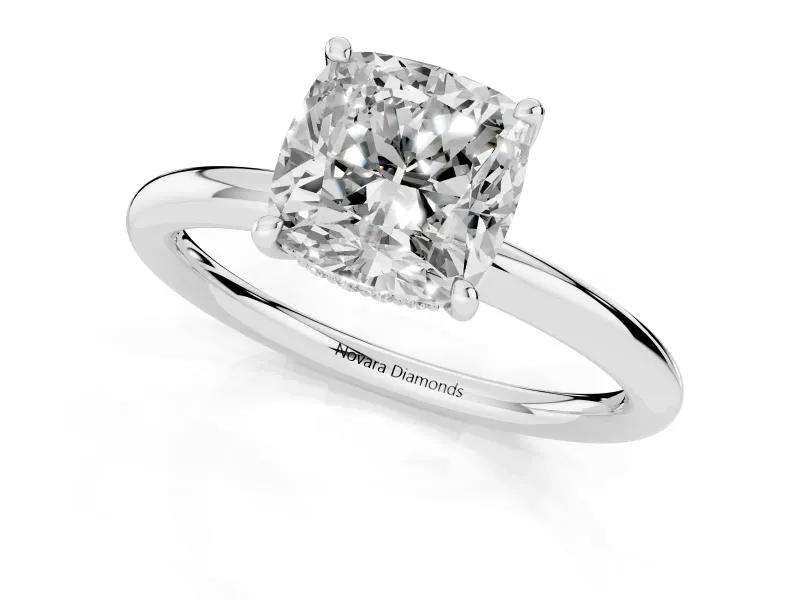 Cushion Cut Diamond Solitaire Ring Set in White gold with Thin Band and Prong Setting