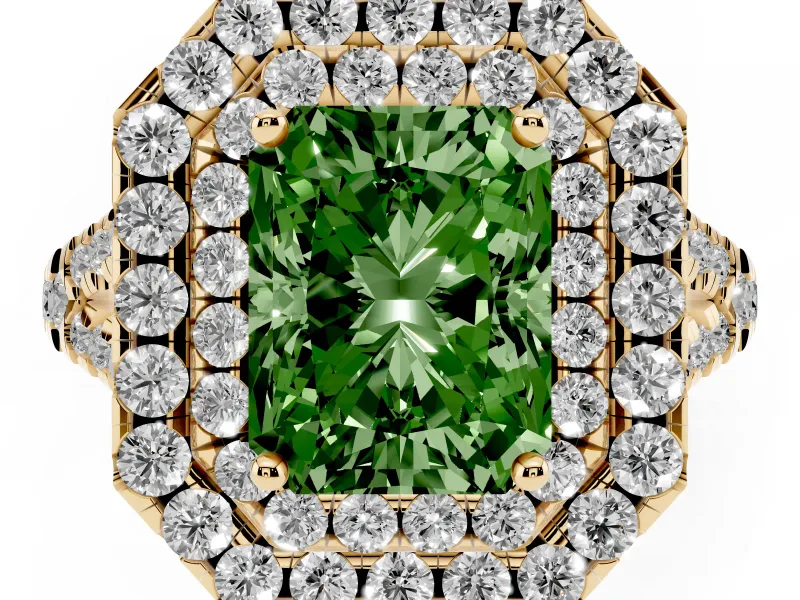 Radiant Cut Halo Split Shank Engagement Ring Setting for a Fancy Green Lab-Grown Diamond | Yellow Gold