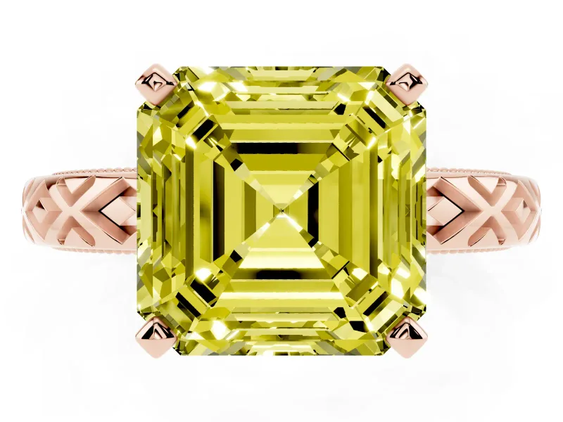 Fancy Yellow Asscher Cut Diamond Solitaire Ring Set in Rose gold with Milgrain and Black Enamel X Pattern Band