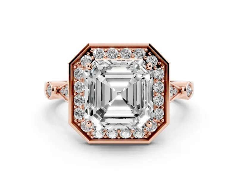 Asscher Cut Diamond Halo Engagement Ring Set in Rose gold with Twisted Band and Prong Setting