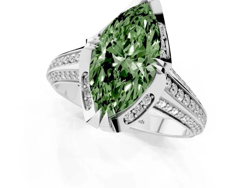 Marquise Hidden Halo Engagement Ring Setting for a Fancy Green Lab-Grown Diamond | Triple Row Pavé Band | Platinum