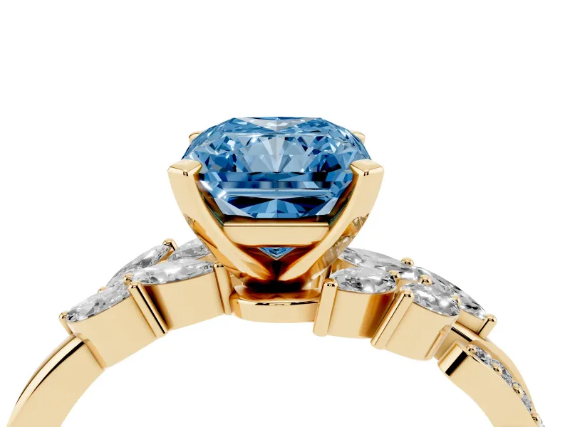 Fancy Blue Radiant Cut Diamond Solitaire Ring Set in Yellow gold with Marquise Twist Band and Prong Setting