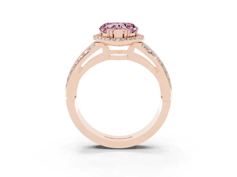 Fancy Pink Heart Cut Diamond Halo Ring Set in Rose gold with Double Pavé Split Shank