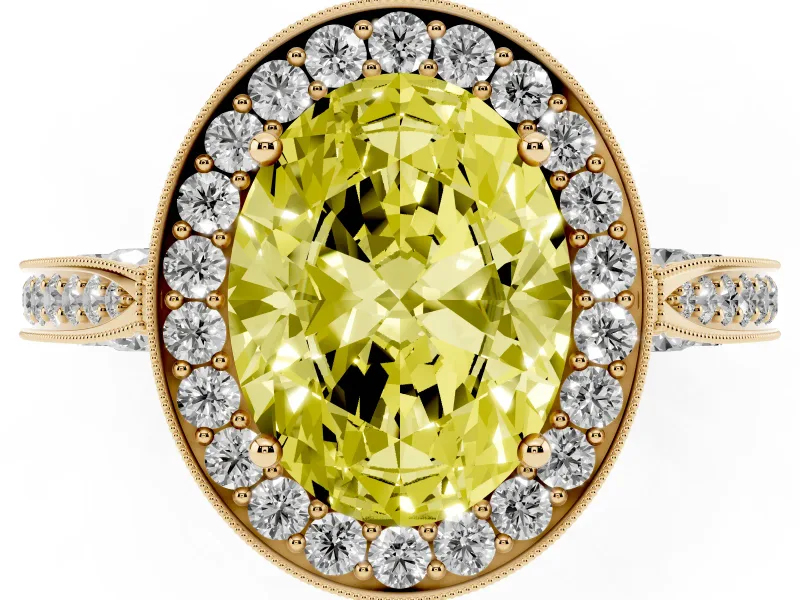 Oval Milgrain Halo Engagement Ring Setting for a Fancy Yellow Lab-Grown Diamond | Side Stones | Yellow Gold