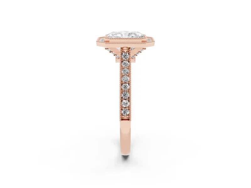 Radiant Cut Vintage Milgrain Halo Engagement Ring Setting | Bezel Head | Rose Gold