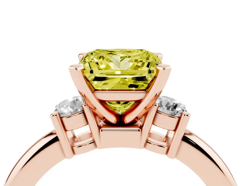 Fancy Yellow Three-Stone Princess Cut Diamond Ring Set in Rose gold with Prong Setting and Plain Band