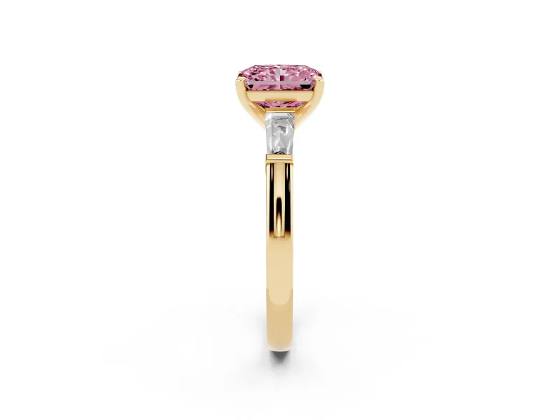 Radiant Cut Three Stone Engagement Ring Setting for a Fancy Pink Lab-Grown Diamond | Tapered Baguettes | Yellow Gold