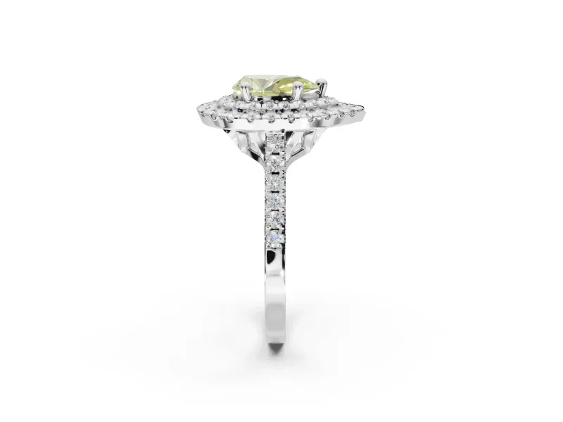 Canary Yellow Pear-Shaped Lab-Grown Diamond Double Halo Statement Ring Set in Sterling Silver with Pavé Band