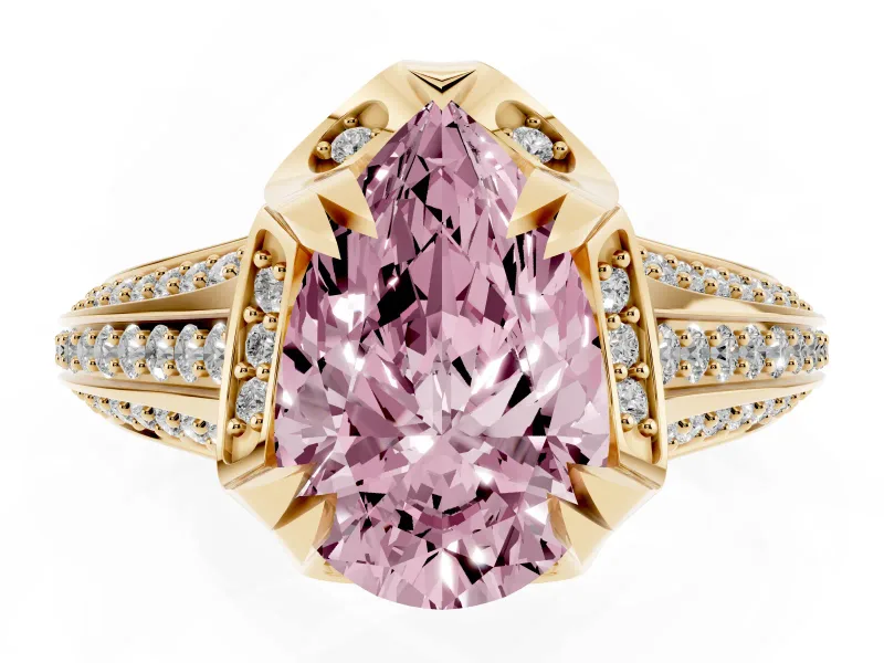 Pear-Shaped Hidden Halo Engagement Ring Setting for a Fancy Pink Lab-Grown Diamond | Triple Row Pavé Band | Yellow Gold