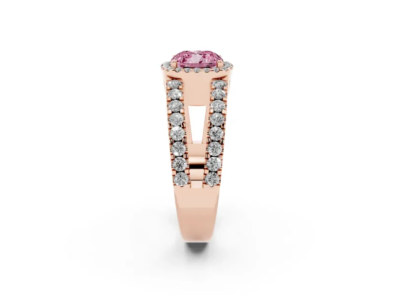 Fancy Pink Cushion Cut Diamond Halo Ring Set in Rose gold with Pavé Split Shank and Prong Setting