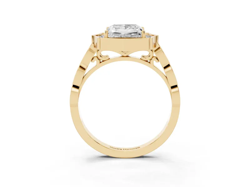 Princess Cut Vintage Scalloped Halo Engagement Ring Setting | Pave Band | Yellow Gold