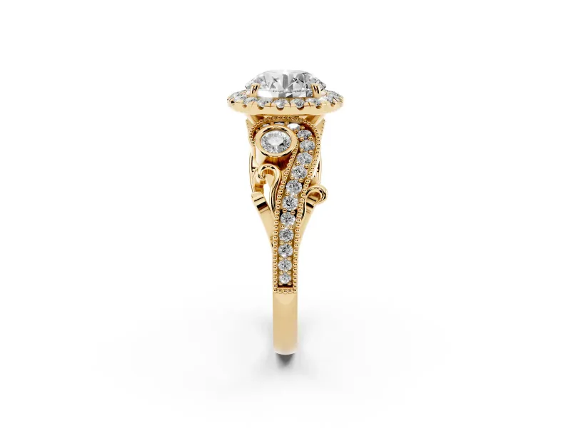 Round Cut Diamond Halo Ring Set in Yellow gold with Milgrain Pavé Band and Prong Setting