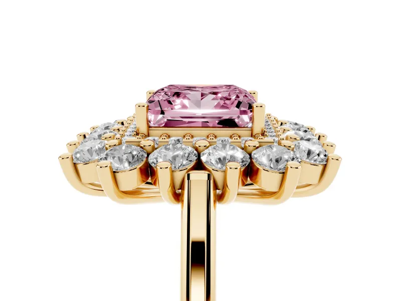 Princess Cut Floral Double Halo Engagement Ring Setting for a Fancy Pink Lab-Grown Diamond | Plain Band | Yellow Gold