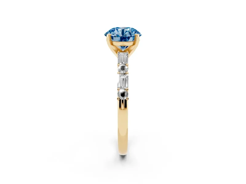 Round Baguette Side Stone Engagement Ring Setting for a Fancy Blue Lab-Grown Diamond | Yellow Gold