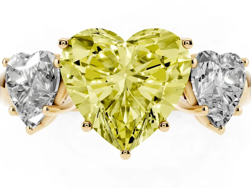 Fancy Yellow Heart Cut Diamond Three-Stone Ring Set in Yellow gold with Bold Center and Classic Band