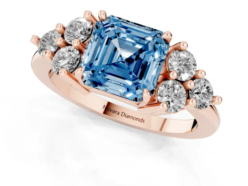 Asscher Cut Cluster Side Stone Engagement Ring Setting for a Fancy Blue Lab-Grown Diamond | Plain Band | Rose Gold