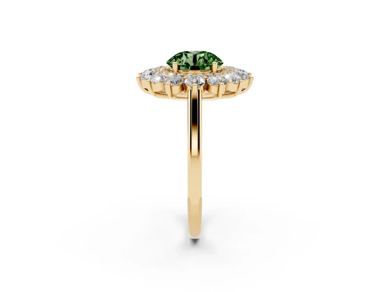 Round Floral Double Halo Engagement Ring Setting for a Fancy Green Lab-Grown Diamond | Plain Band | Yellow Gold