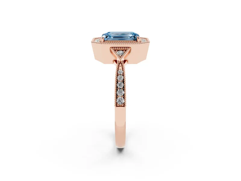 Emerald Cut Milgrain Halo Engagement Ring Setting for a Fancy Blue Lab-Grown Diamond | Graduated Pavé | Rose Gold