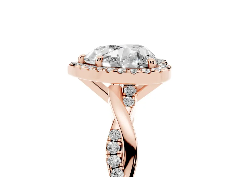 Heart Cut Diamond Halo Twisted Band Ring Set in Rose gold with Prong Setting