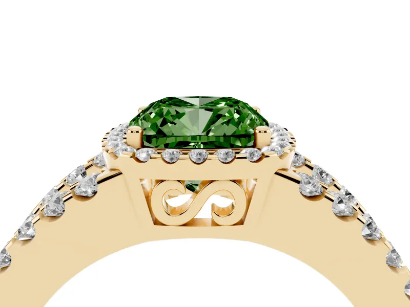 Fancy Green Cushion Cut Diamond Halo Ring Set in Yellow gold with Pavé Split Shank and Prong Setting
