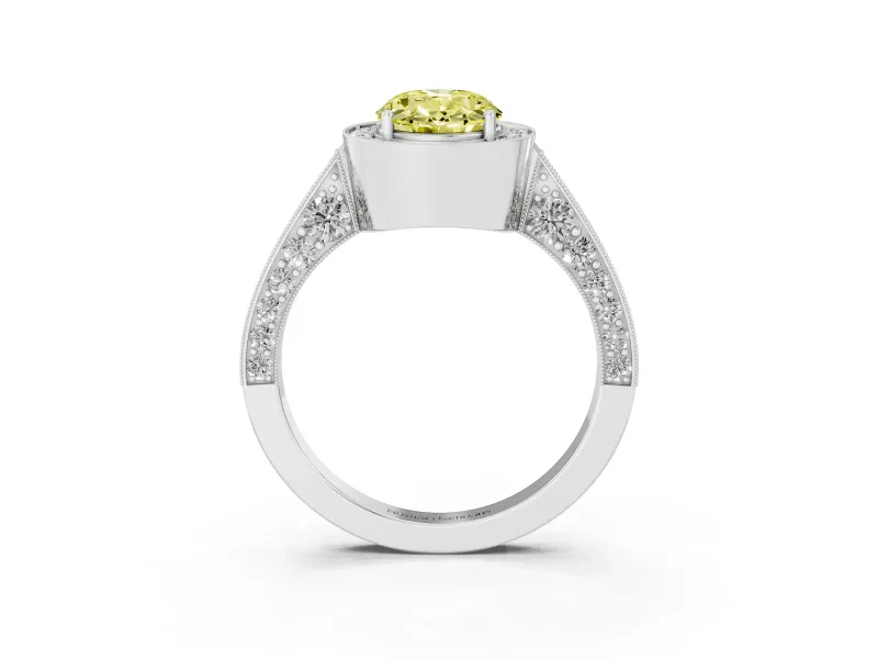 Oval Milgrain Halo Engagement Ring Setting for a Fancy Yellow Lab-Grown Diamond | Side Stones | Platinum