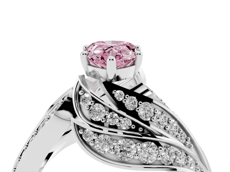 Fancy Pink Pear Cut Diamond Solitaire Ring Set in White gold with Layered Twist Pavé Band