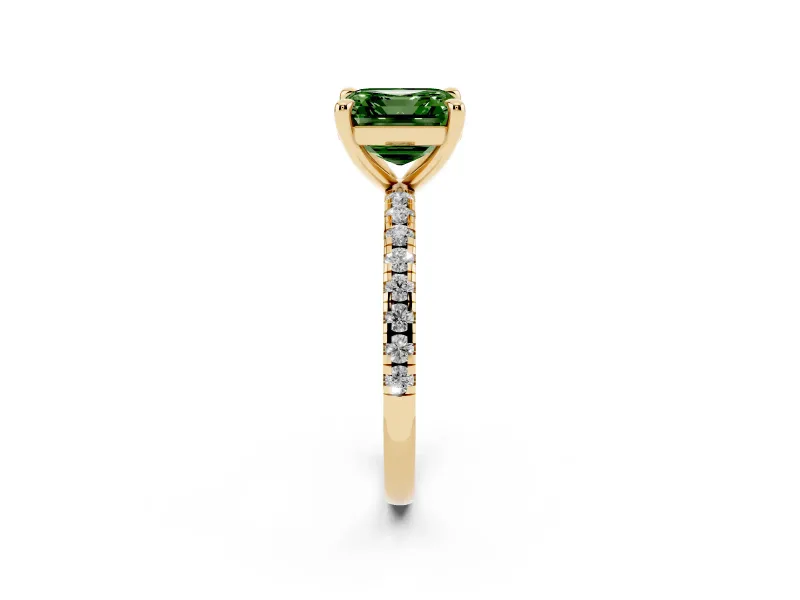 Fancy Green Asscher Cut Diamond Brilliant Solitaire Ring Set in Yellow gold with Pavé Band and Prong Setting