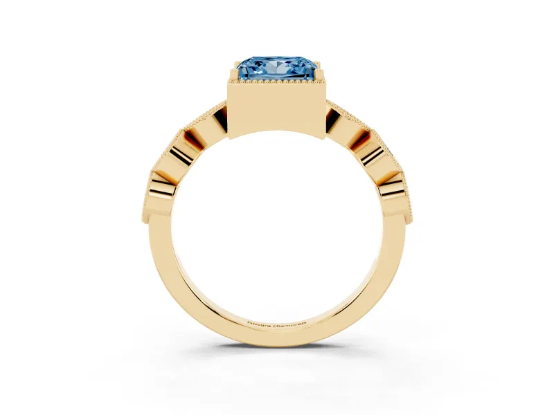 Fancy Blue Princess Cut Diamond Vintage-Inspired Milgrain Ring Set in Yellow gold with Marquise Stations of Round Accents