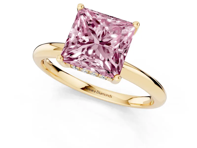 Princess Cut Hidden Halo Engagement Ring Setting for a Fancy Pink Lab-Grown Diamond | Plain Band | Yellow Gold