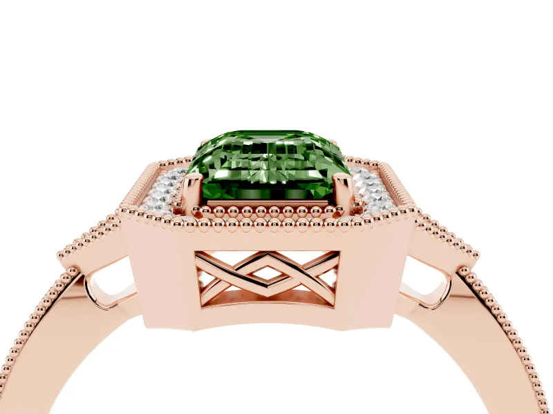 Fancy Green Emerald Cut Diamond Halo Engagement Ring Set in Rose gold with Milgrain Pavé Band
