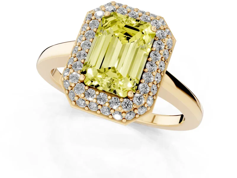 Fancy Yellow Emerald Cut Diamond Halo Engagement Ring Set in Yellow gold with Solitaire Band and Prong Setting