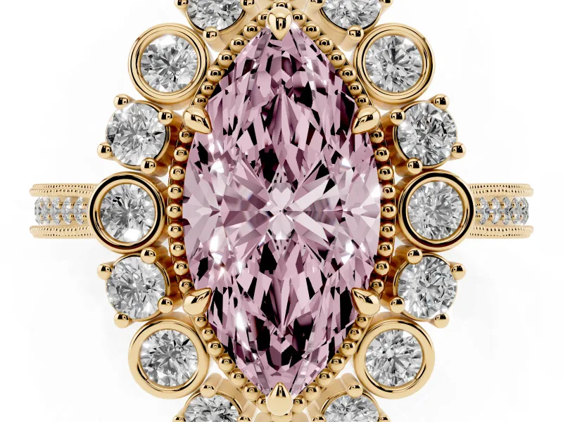 Fancy Pink Marquise Cut Diamond Halo Milgrain Pavé Ring Set in Yellow gold with Prong Setting