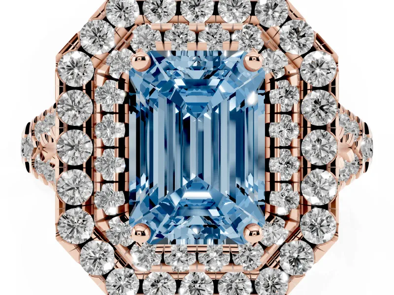 Emerald Cut Halo Split Shank Engagement Ring Setting for a Fancy Blue Lab-Grown Diamond | Pavé Strands | Rose Gold