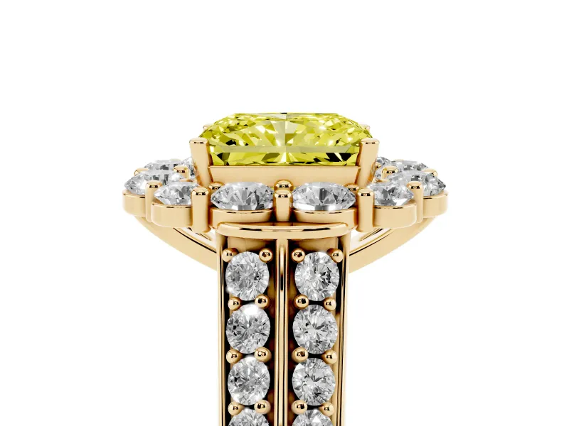 Fancy Yellow Radiant Cut Diamond Halo Engagement Ring Set in Yellow gold with Split Shank and Prong Setting